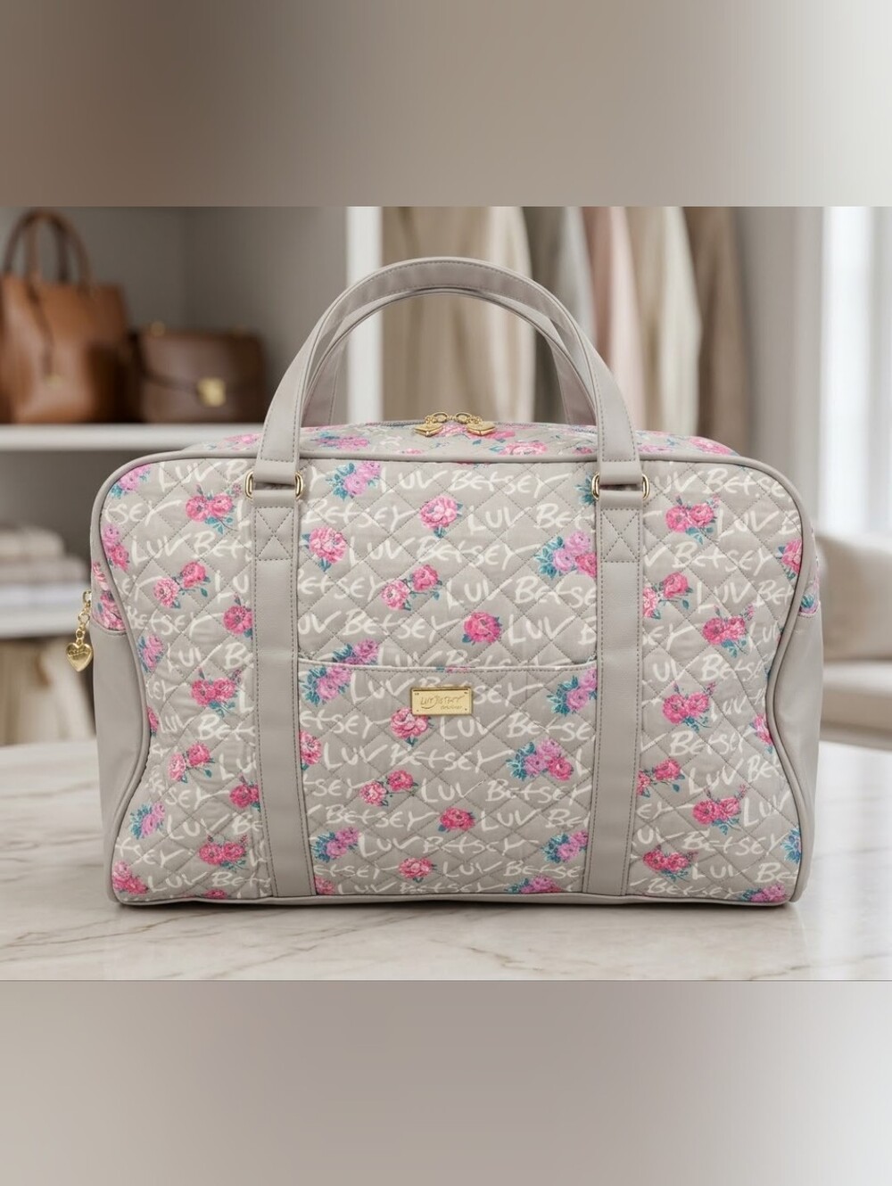 Luv Betsey by Betsey Johnson Quilted Floral Duffle Weekender Travel Bag Grey